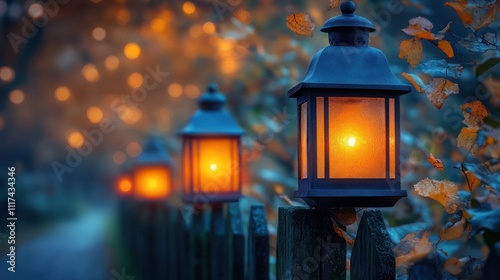 Glowing lanterns on a fence at dusk.