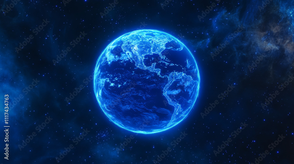 Fototapeta premium Vector. Abstract dark blue technological polygonal background. The human valley holds planet Earth. Polygonal contours of continents. Neon hologram.
