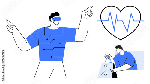 Person wearing VR headset, connected to circuitry, heartbeat icon, holding shopping bags. Ideal for technology, healthcare, e-commerce, wearables, VR human-machine interface digital lifestyle