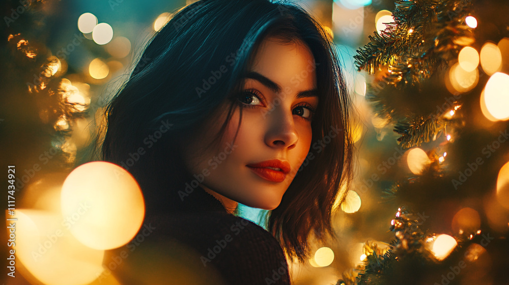 Young woman with dark hair posing by festive lights in a cozy setting during the holidays Young woman with dark hair posing by festive lights in a cozy setting during the holidays