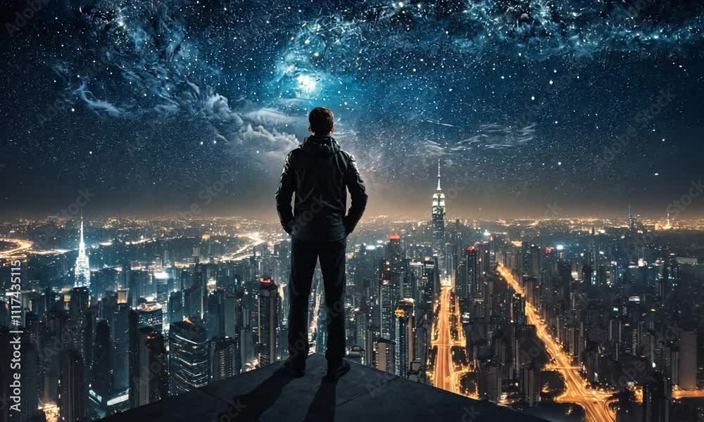 cinematic videos The man standing on the top of building on cityscape background cinematic videos The man standing on the top of building on cityscape background