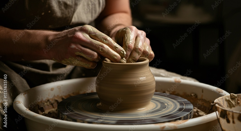 Close-up of hands crafting pottery on a spinning wheel Close-up of hands crafting pottery on a spinning wheel