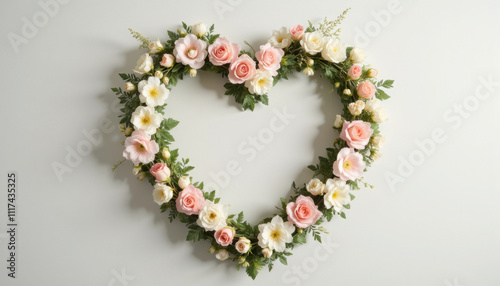 Wedding Heart Wreath With Fresh Flowers on Neutral Background