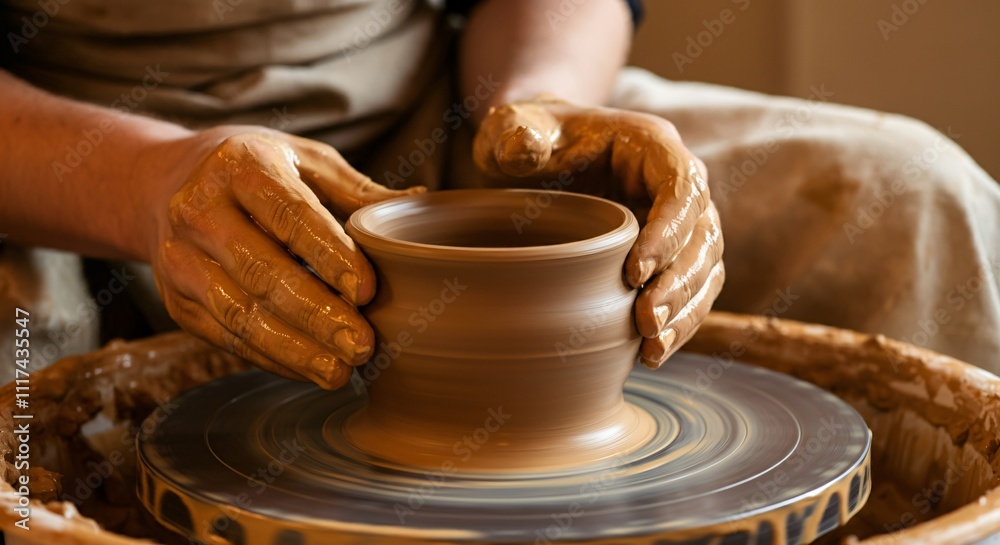 Close-up of hands crafting pottery on a spinning wheel Close-up of hands crafting pottery on a spinning wheel