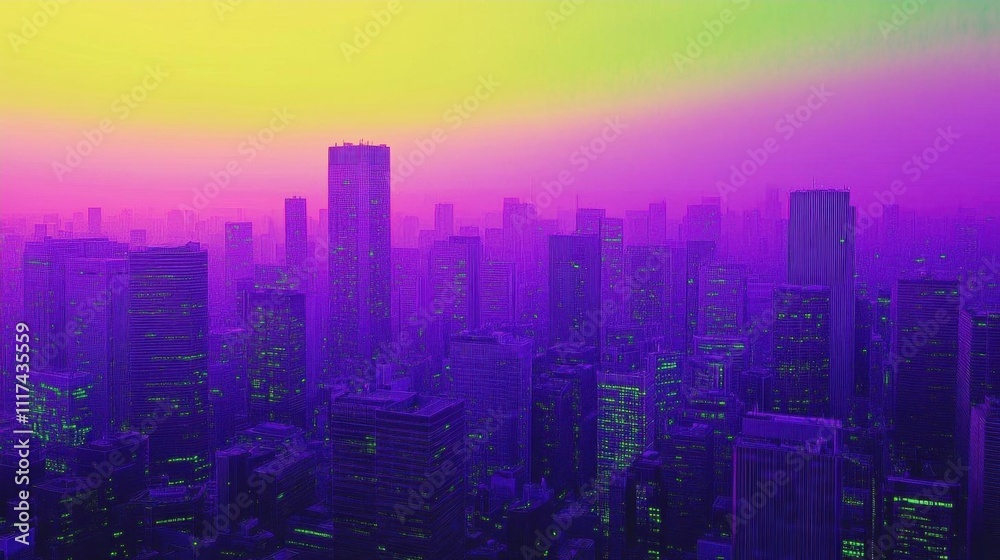 Fototapeta premium A vibrant cityscape at dusk, showcasing colorful skyscrapers.