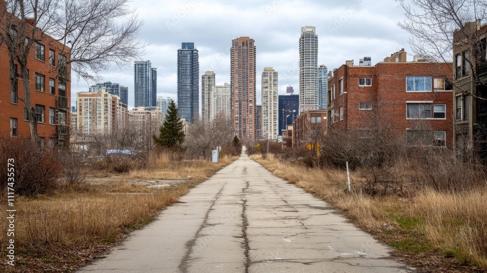 A deserted footpath road flanked by tall, modern buildings, sparse trees, and a chilly winter atmosphere under an overcast sky. A deserted footpath road flanked by tall, modern buildings, sparse trees, and a chilly winter atmosphere under an overcast sky.