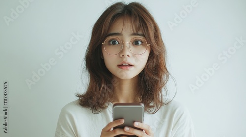 A young woman with glasses looks surprised while holding her smartphone, conveying an unexpected news or message moment.