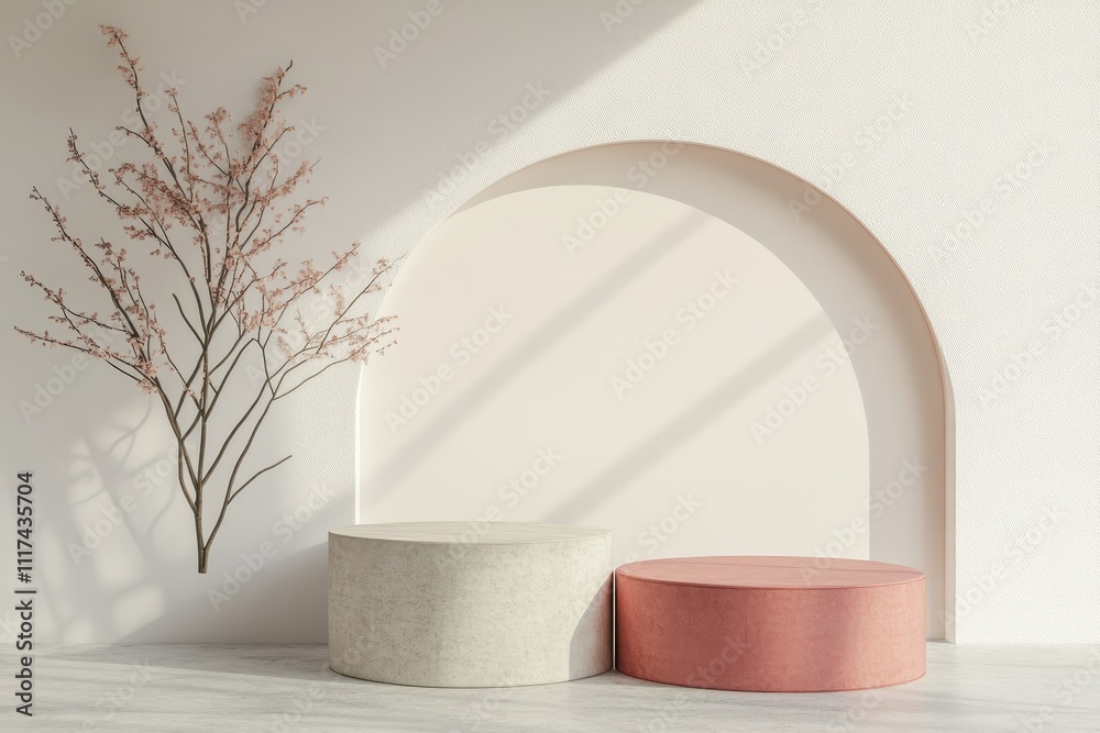 A minimalist interior scene featuring two circular stools and a decorative branch. A minimalist interior scene featuring two circular stools and a decorative branch.