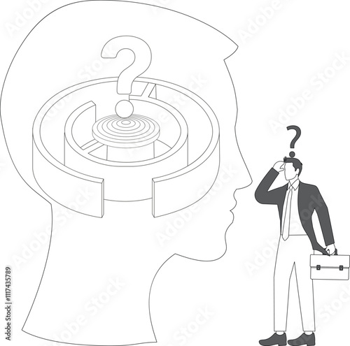 Brain Maze, Mental Problems, Mental Health and Illness, Thoughts on Anxiety and Problems, Isometric Anxiety Disturbed Businessman Looks Inside the Brain Maze and Asks Questions