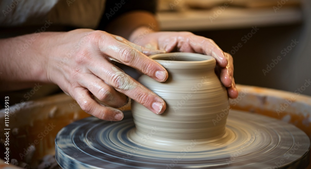 Close-up of hands crafting pottery on a spinning wheel Close-up of hands crafting pottery on a spinning wheel