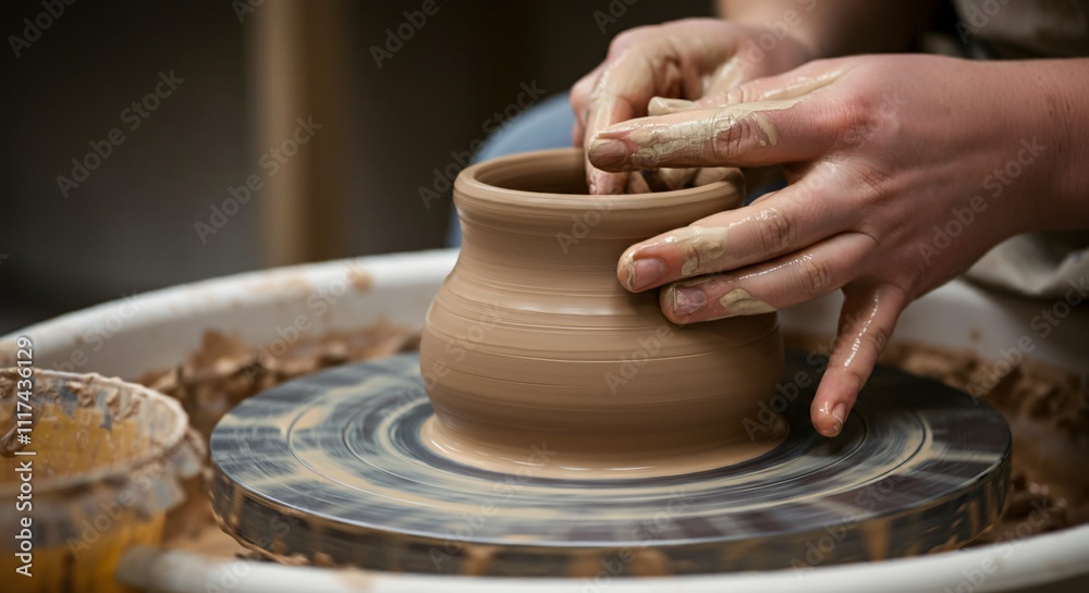 Close-up of hands crafting pottery on a spinning wheel Close-up of hands crafting pottery on a spinning wheel