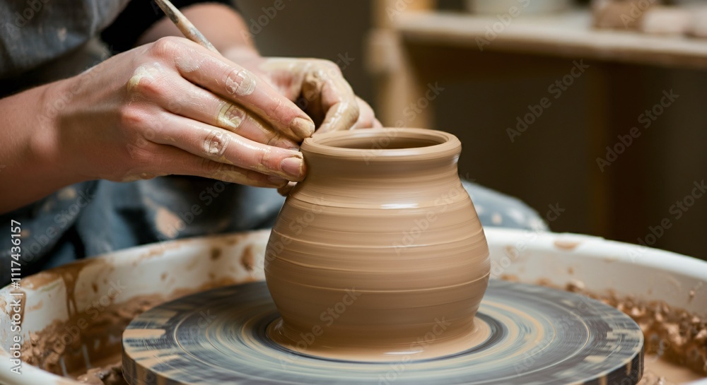 Close-up of hands crafting pottery on a spinning wheel Close-up of hands crafting pottery on a spinning wheel