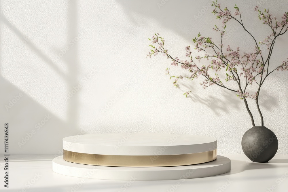 A minimalist display featuring circular platforms and a decorative branch in a modern setting. A minimalist display featuring circular platforms and a decorative branch in a modern setting.