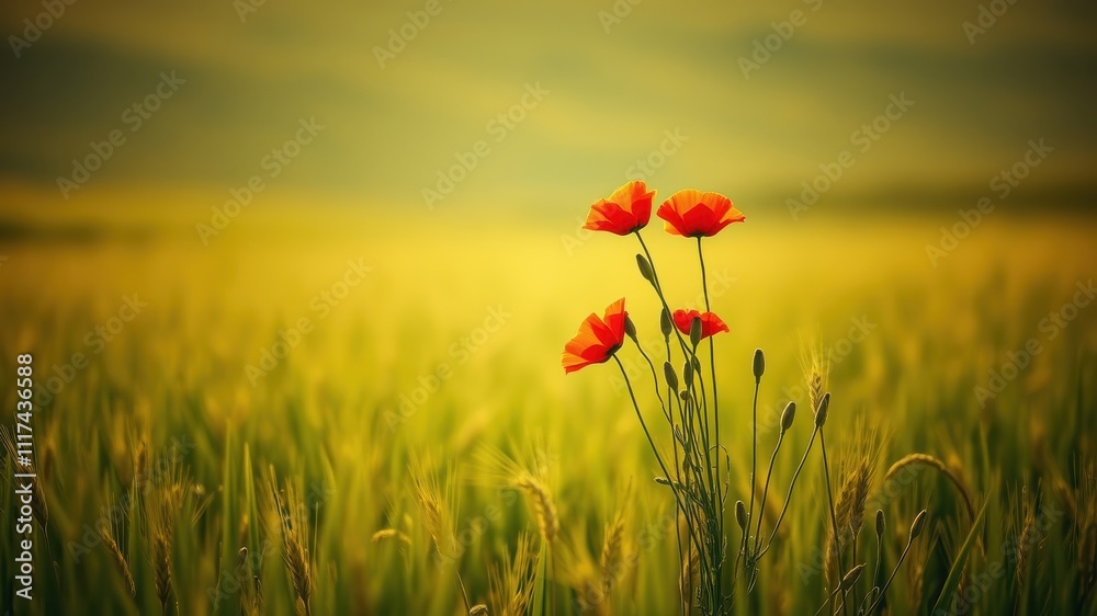 Obraz premium A cluster of vibrant red poppies stand tall amidst a field of golden green wheat, bathed in the soft glow of the setting sun.
