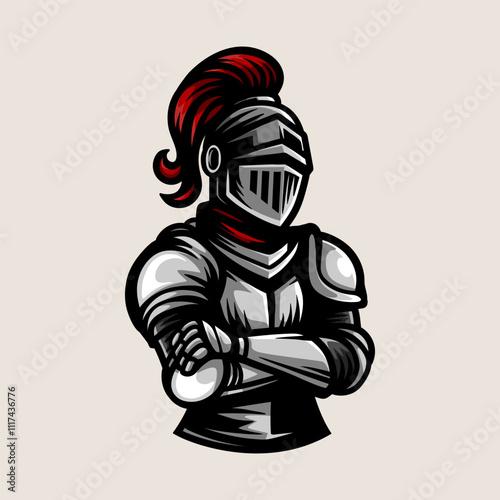 knight full armor logo character isolated colored drawing line art style sketch classic vintage design illustration