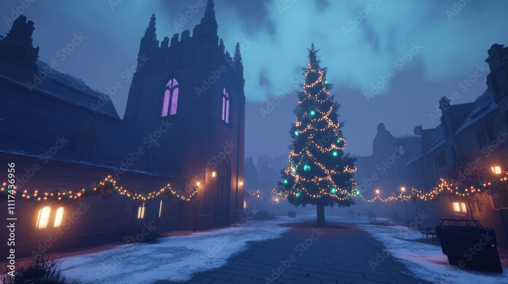 Naklejka premium A desolate city square with towering buildings softly glowing on New Years night, under a blanket of fog.