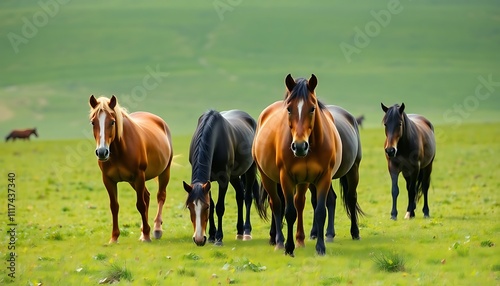 Majestic Wild Horses Roaming Freely in a Lush Green Pasture