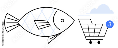 Fish icon, shopping cart, and notification bubble with number three. Ideal for online grocery shopping, seafood markets, e-commerce, food delivery apps, purchases retail inventory. Line metaphor