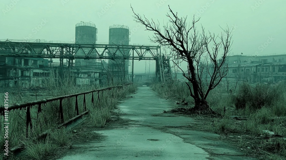 Obraz premium A desolate pathway flanked by towering structures and sparse, dormant trees under a hazy, cold sky.