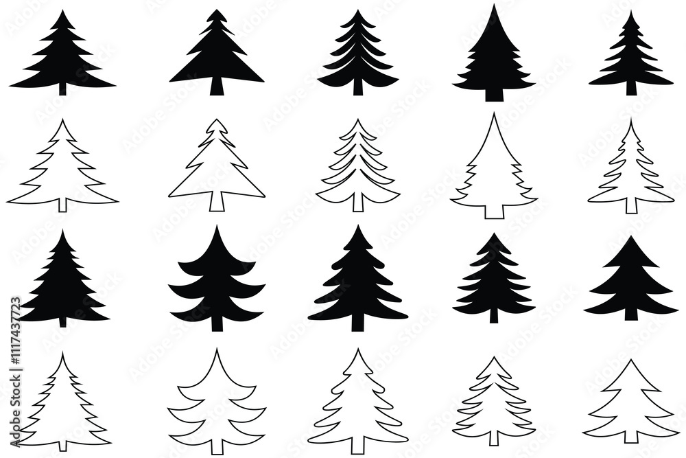 Obraz premium Set of Christmas trees, Christmas, Pine, tree line icon. Christmas trees icon, vector set. Set of black Christmas tree icons silhouette design. Pine tree icon, vector, silhouette set. Tree vector.