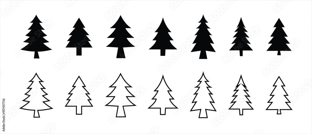 Obraz premium Christmas tree icon set, Christmas, Pine, tree line icon. Christmas trees icon, vector set. Set of black Christmas tree icons silhouette design. Pine tree icon, vector, silhouette set. Tree vector.