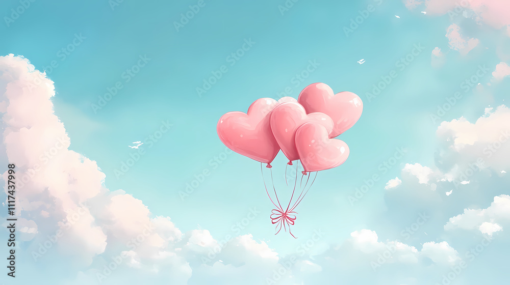 Fototapeta premium Pink heart-shaped balloons floating in a blue sky with clouds for Valentine's Day