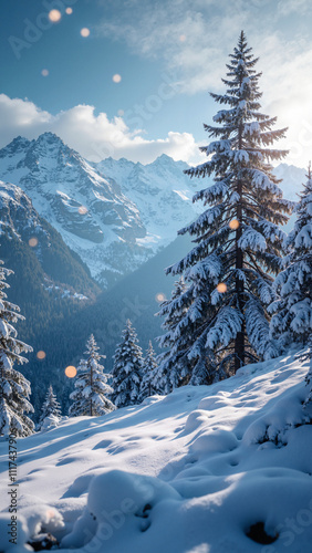 Enchanting Winter Wonderland: Snowy Mountains and Frosty Tree with Bokeh Lights for Holiday Cards and Winter Campaigns