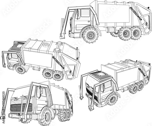 Vector sketch illustration of silhouette design of garbage truck transportation for transporting garbage to landfill