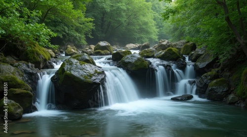 Tranquil Waterfall Surrounded by Lush Greenery