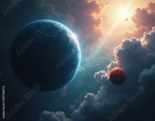 A breathtaking view of a celestial landscape, featuring a vibrant planet, a smaller moon, and a breathtaking sunset over a sea of fluffy clouds.