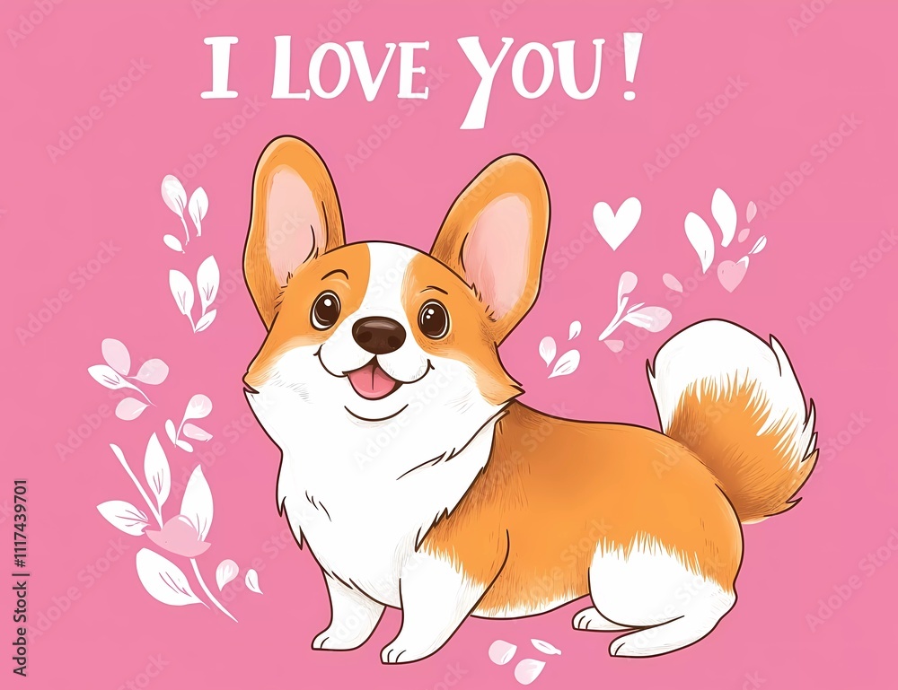 Cute corgi dog's back side with a heart on a pink background, vector illustration. Text: