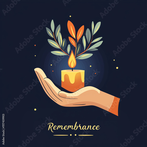 A hand holding a lit candle with glowing leaves, symbolizing remembrance, grief and reflection, set against a dark background with soft light accents. Flat colors illustration.