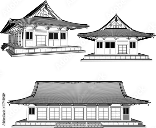 Vector illustration silhouette sketch of old wooden house building design classic vintage ethnic traditional chinese japanese 