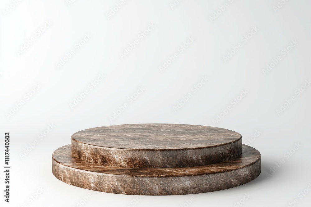 A simple, circular wooden display stand with two levels on a minimalistic background. A simple, circular wooden display stand with two levels on a minimalistic background.