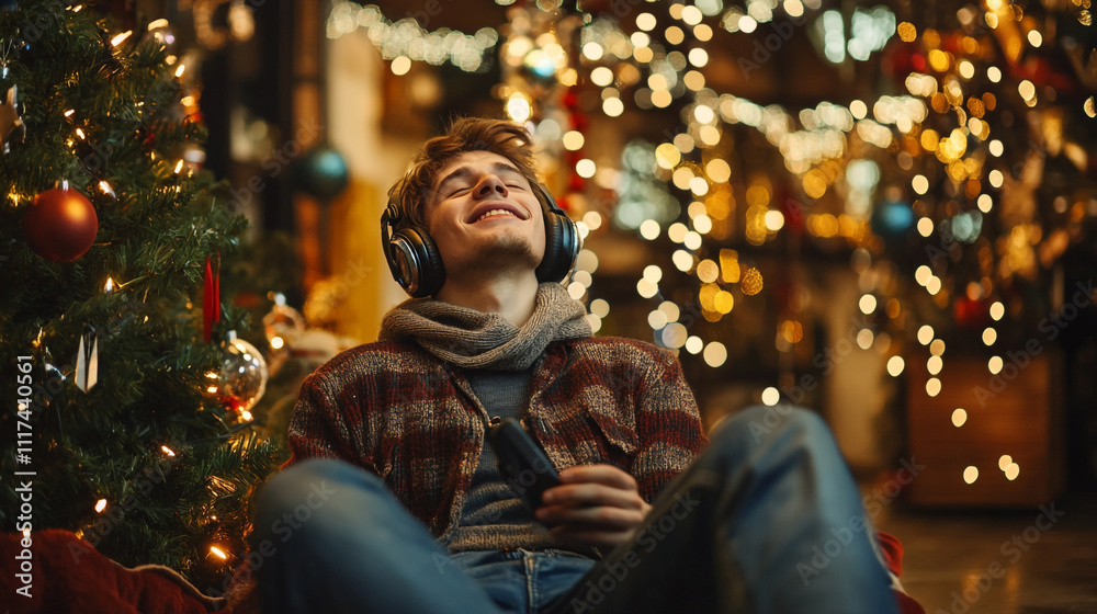 Enjoying music by the Christmas tree in a cozy, decorated space at night Enjoying music by the Christmas tree in a cozy, decorated space at night