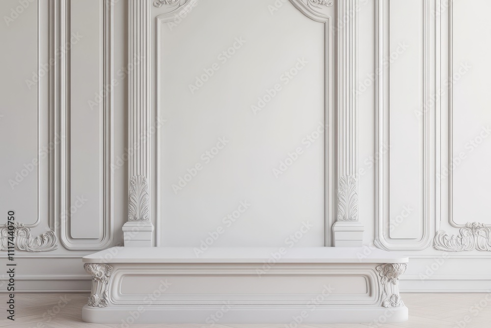 A minimalist white wall with decorative moldings and a simple pedestal. A minimalist white wall with decorative moldings and a simple pedestal.