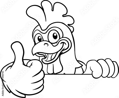 A chicken cartoon rooster cockerel bird mascot peeking over a sign with copyspace