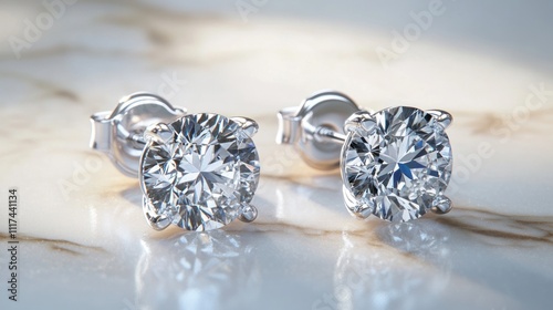 Sparkling diamond stud earrings on marble.