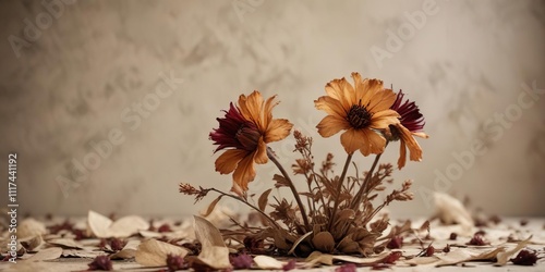 Dried brown flowers with crumpled papery texture and maroon spots at base , cistus ladanifer, flowers with maroon spots photo