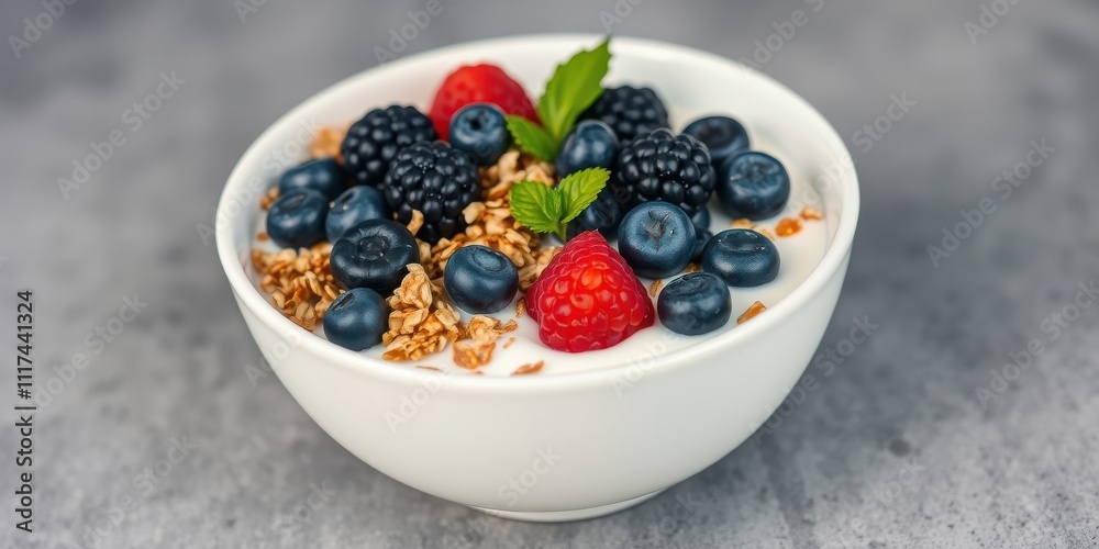 A bowl of yogurt with granola, blueberries, and raspberries, a refreshing and nutritious breakfast option A bowl of yogurt with granola, blueberries, and raspberries, a refreshing and nutritious breakfast option