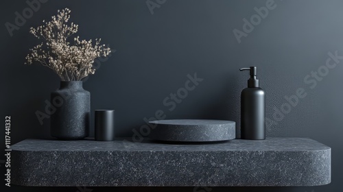 Dark stone podium for beauty and spa cosmetic brand product placement on black background wall. luxury granite natural material and neutral aesthetic bathroom shelf. minimal trendy mockup template. 