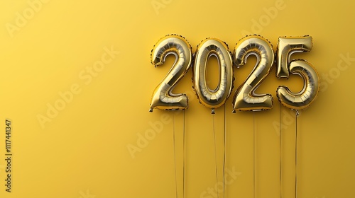 Card with yellow background, greeting with the number 2025 made with balloons, space on the left side for writing