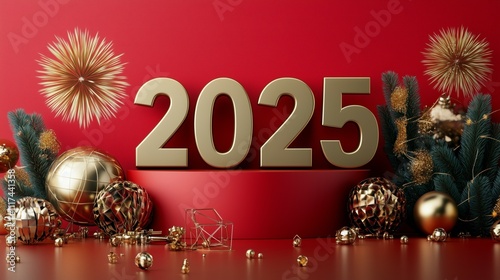 Red podium with the number 2025 on top