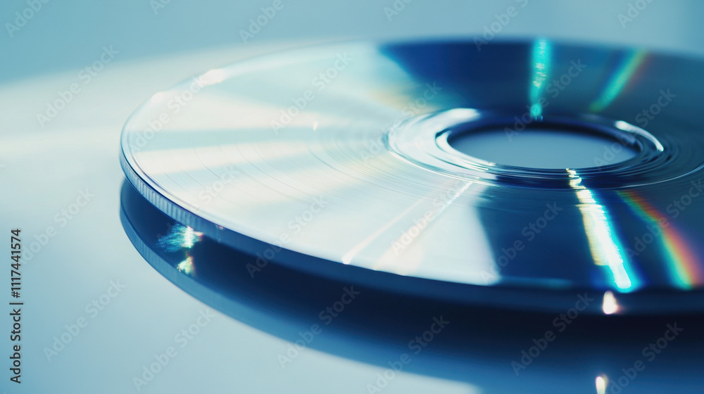 Close-up view of a shiny silver CD reflecting light, showcasing its smooth surface and circular design. The background is a soft, blurred blue tone. Close-up view of a shiny silver CD reflecting light, showcasing its smooth surface and circular design. The background is a soft, blurred blue tone.