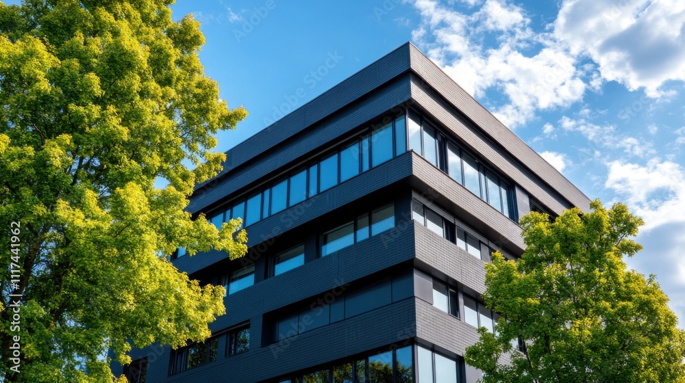 Modern Architectural Building Surrounded by Lush Green Trees Against a Bright Blue Sky with Fluffy Clouds Modern Architectural Building Surrounded by Lush Green Trees Against a Bright Blue Sky with Fluffy Clouds