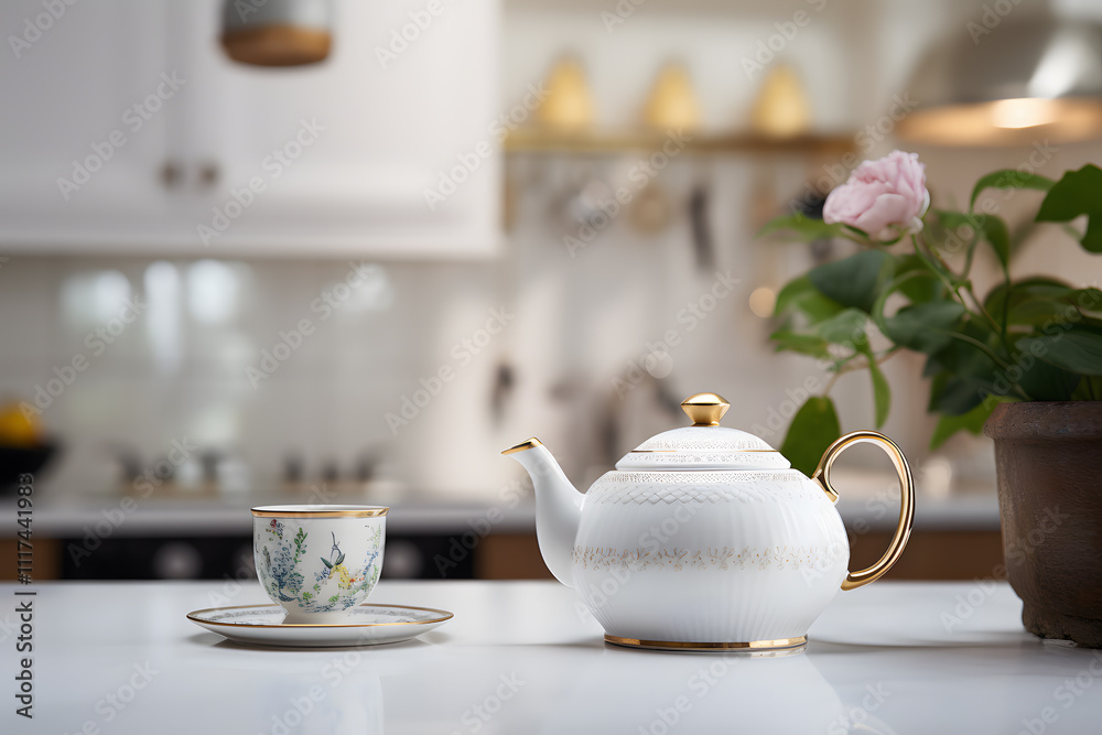 Elegant white teapot in a kitchen Elegant white teapot in a kitchen
