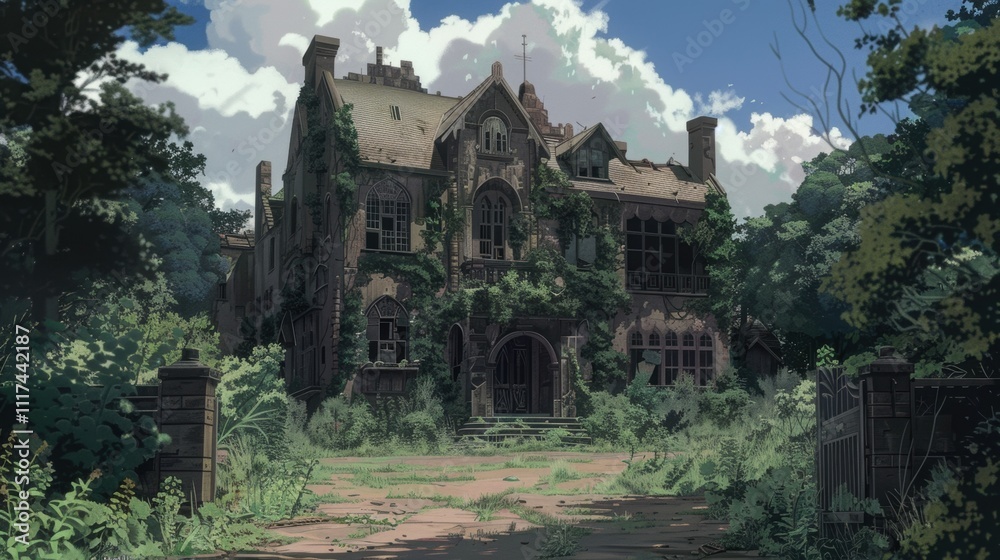 Obraz premium An overgrown, abandoned mansion surrounded by lush greenery.