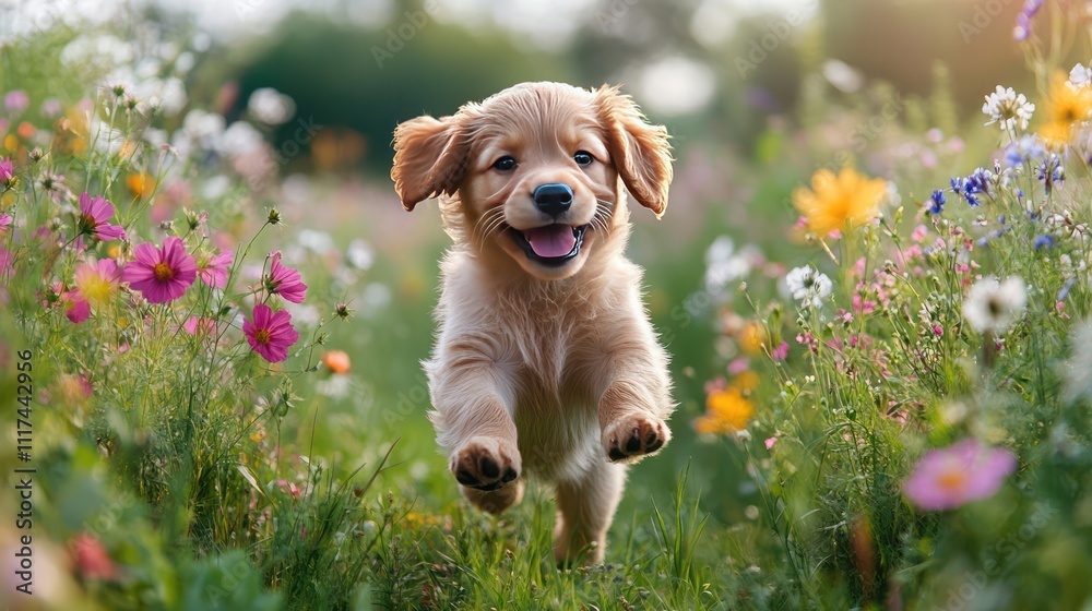 A small puppy with floppy ears happily running through a grassy meado A small puppy with floppy ears happily running through a grassy meado