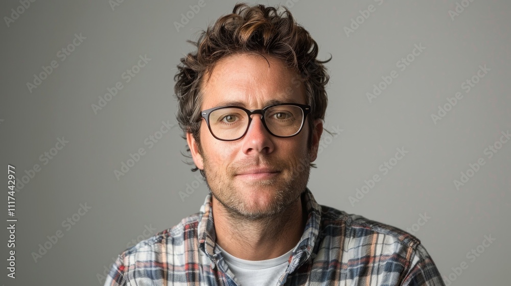Portrait of a casually dressed man with glasses and curly hair against a neutral background Portrait of a casually dressed man with glasses and curly hair against a neutral background