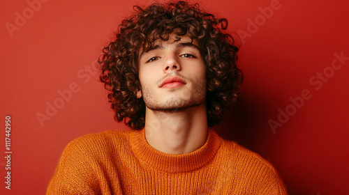 Young man poses confidently against a vibrant red backdrop wearing a cozy sweater